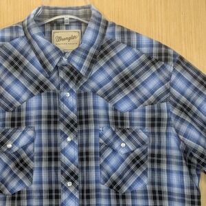 Wrangler Western Shirt Mens XL Blue Black Plaid Pearl Snap Retro Cowboy Workwear